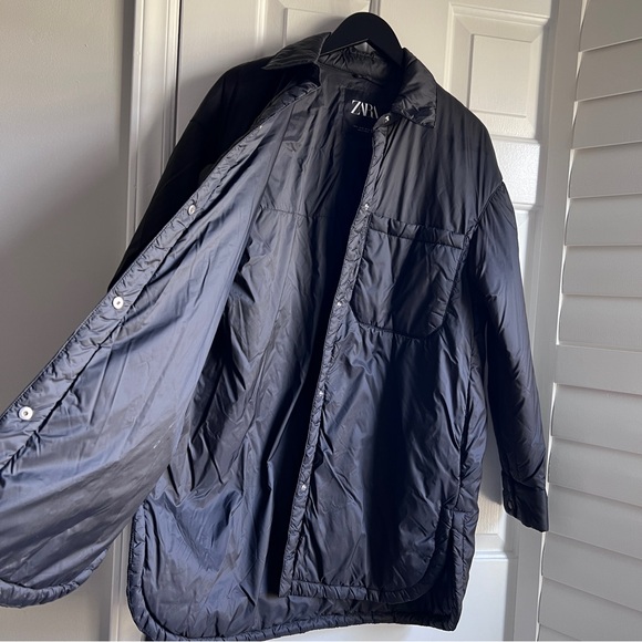 Zara Oversized WATER REPELLENT OVERSHIRT SHACKET Women's Black Quilted Jacket - Picture 10 of 13